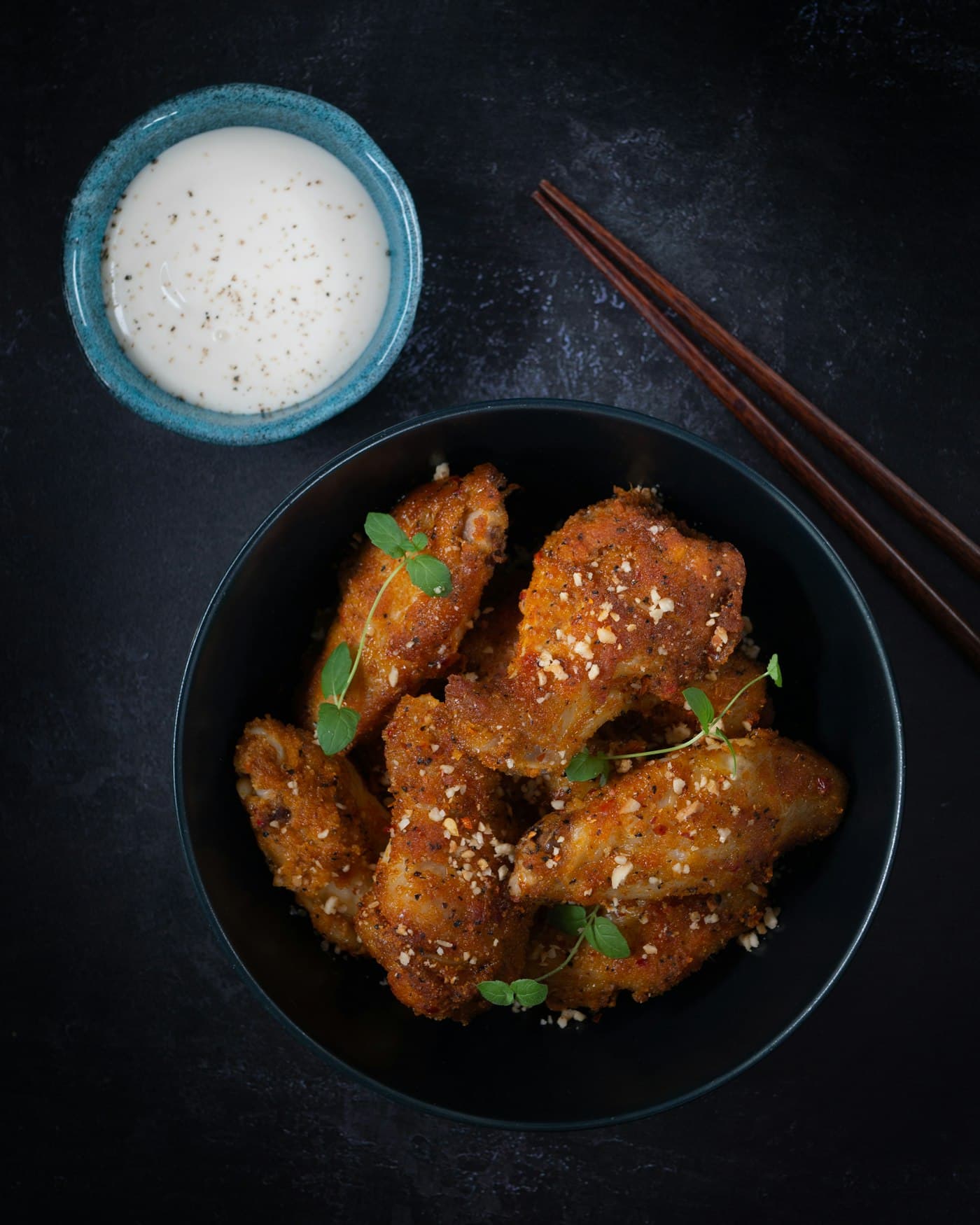 Overhead shot of Korean fried chicken wings